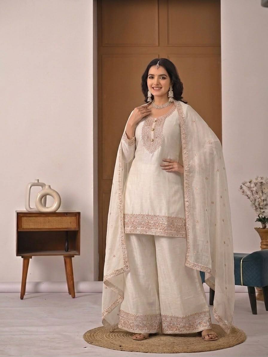 Ivory Crunchy Silk 3-Piece Palazzo Suit with Embroidery Work