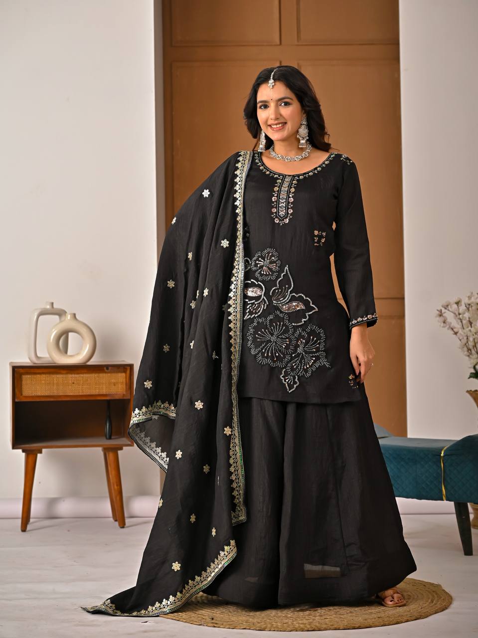 Classic Black Vichitra Silk Bits Handwork & 5mm Sequence Embroiderey Sharara Suit with Dupatta