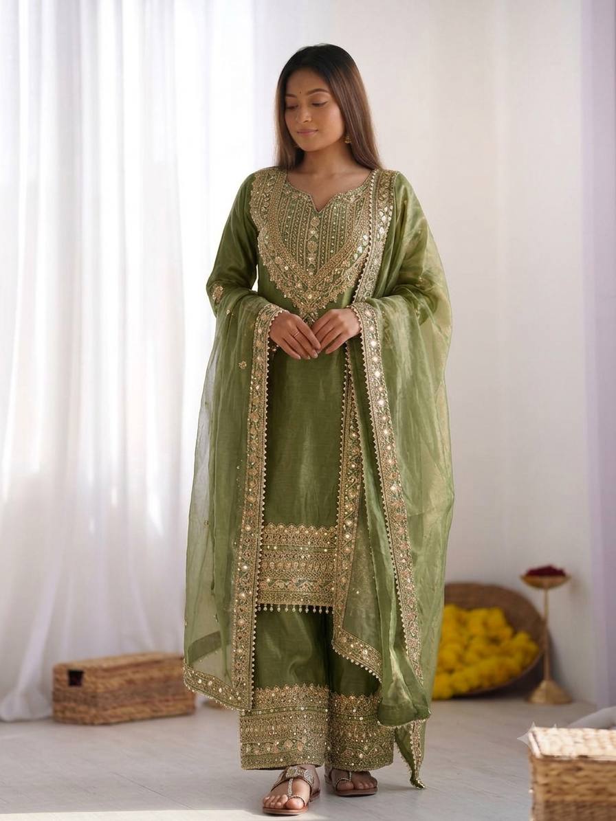 Aqua Green Fendy Silk Embroidery Sequence Work 3-Piece Sharara with Lace Border Set
