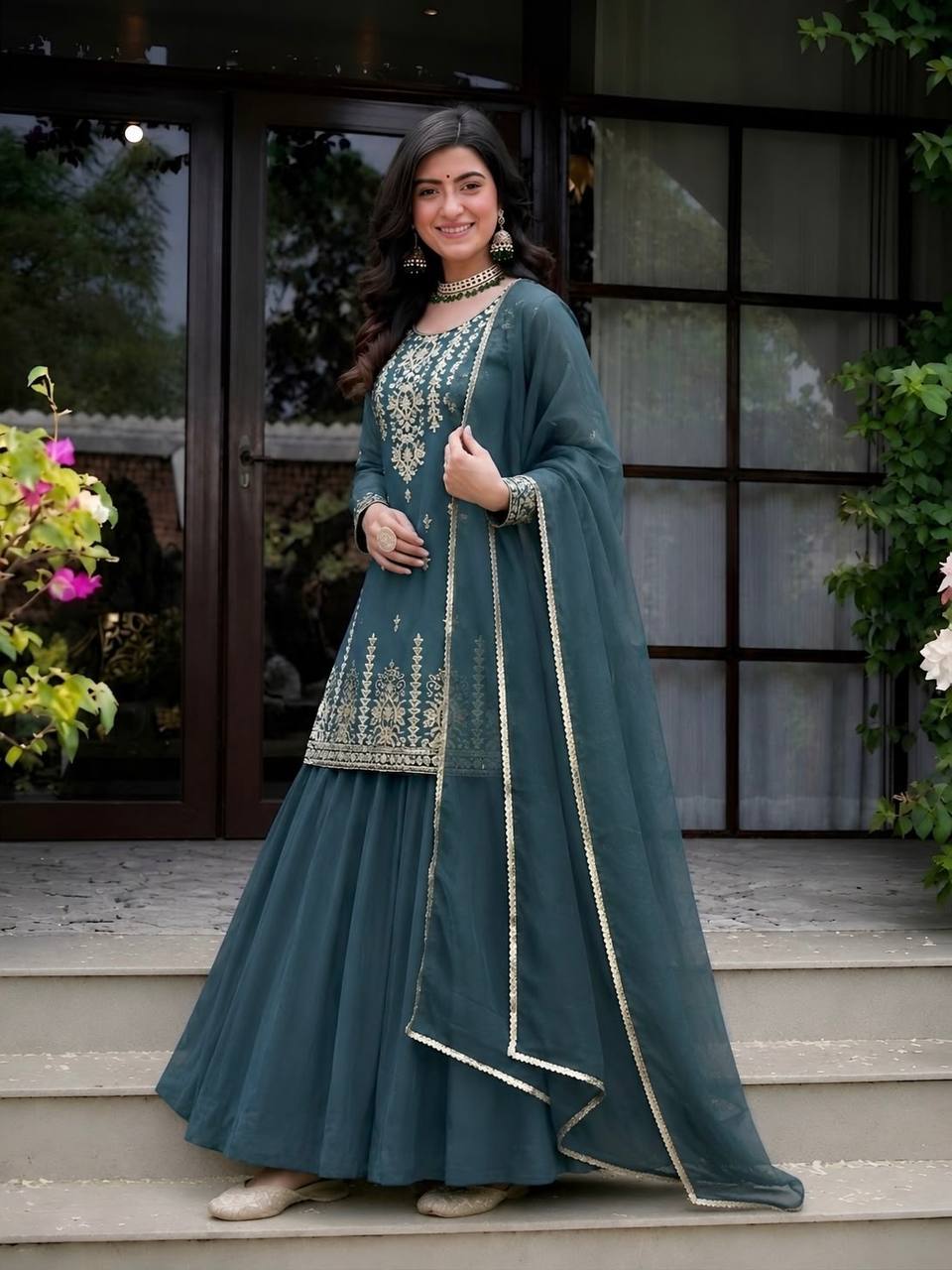Dark Rama Green Roman Cotton 3-Piece Lehenga Set with 5mm Sequence Embroidery
