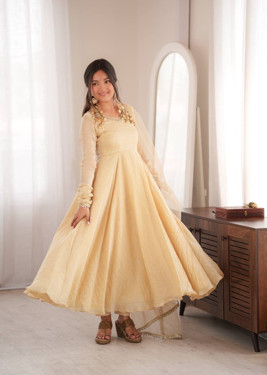 Off White Crush Work 5 Meter Flair 3-Piece Gown Set with Butterfly Net Dupatta