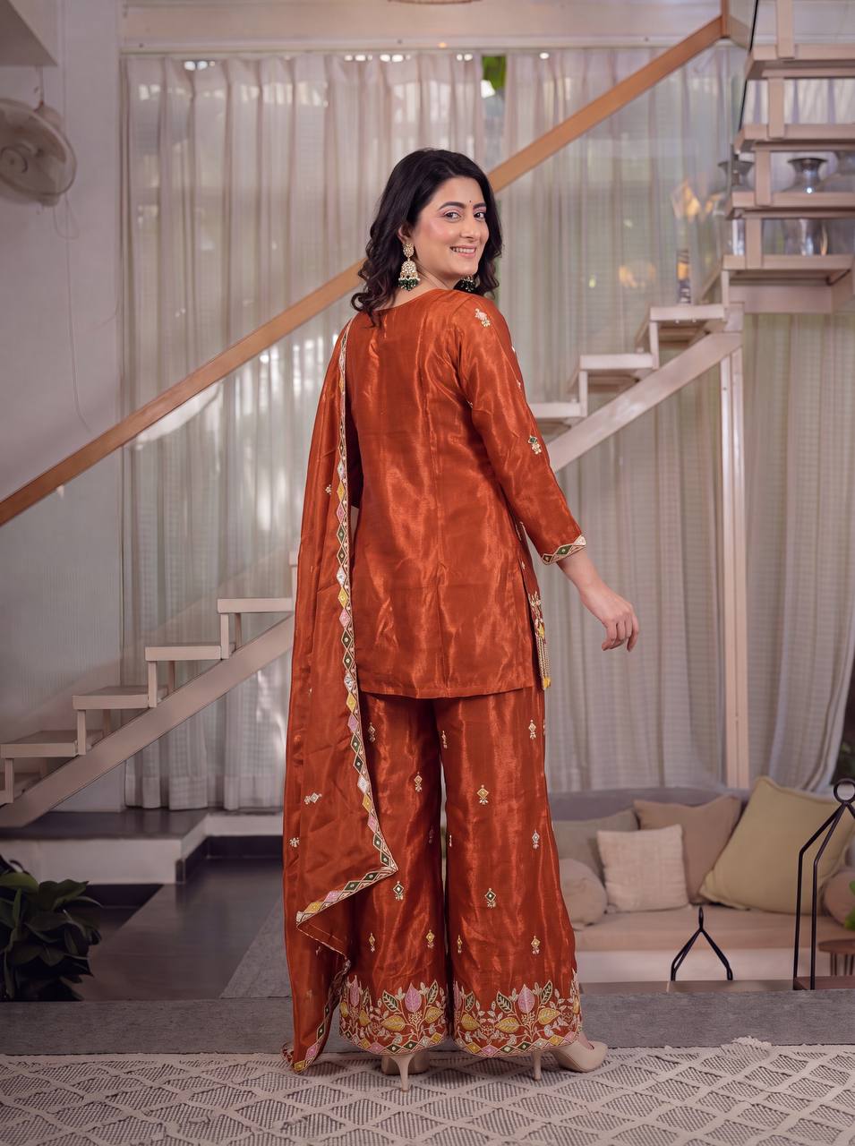 Rust Orange Sindoori Satin Silk 3-Piece Palazzo Pant Set with 5mm Sequence Embroidery