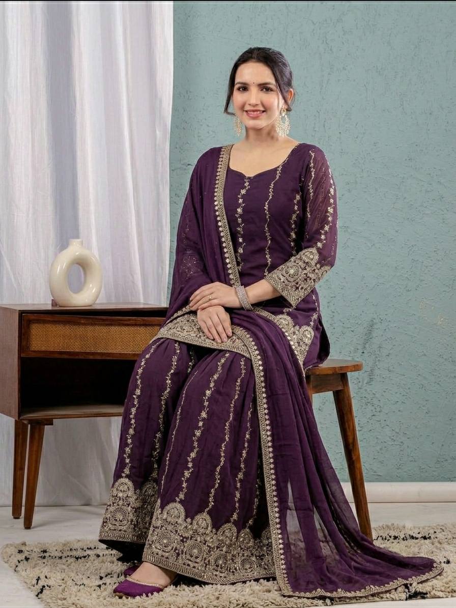 Wine Crunchy Silk 3mm Sequence Embroiderey Sharara Suit with Matching Dupatta