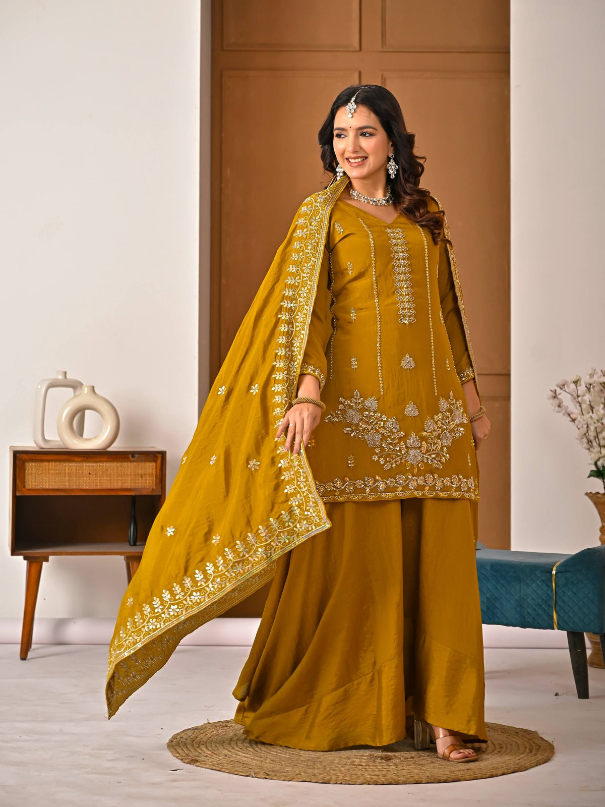 Gothic Gold Vichitra Silk Embroidere  Sharara Suit with Embroidere Dupatta