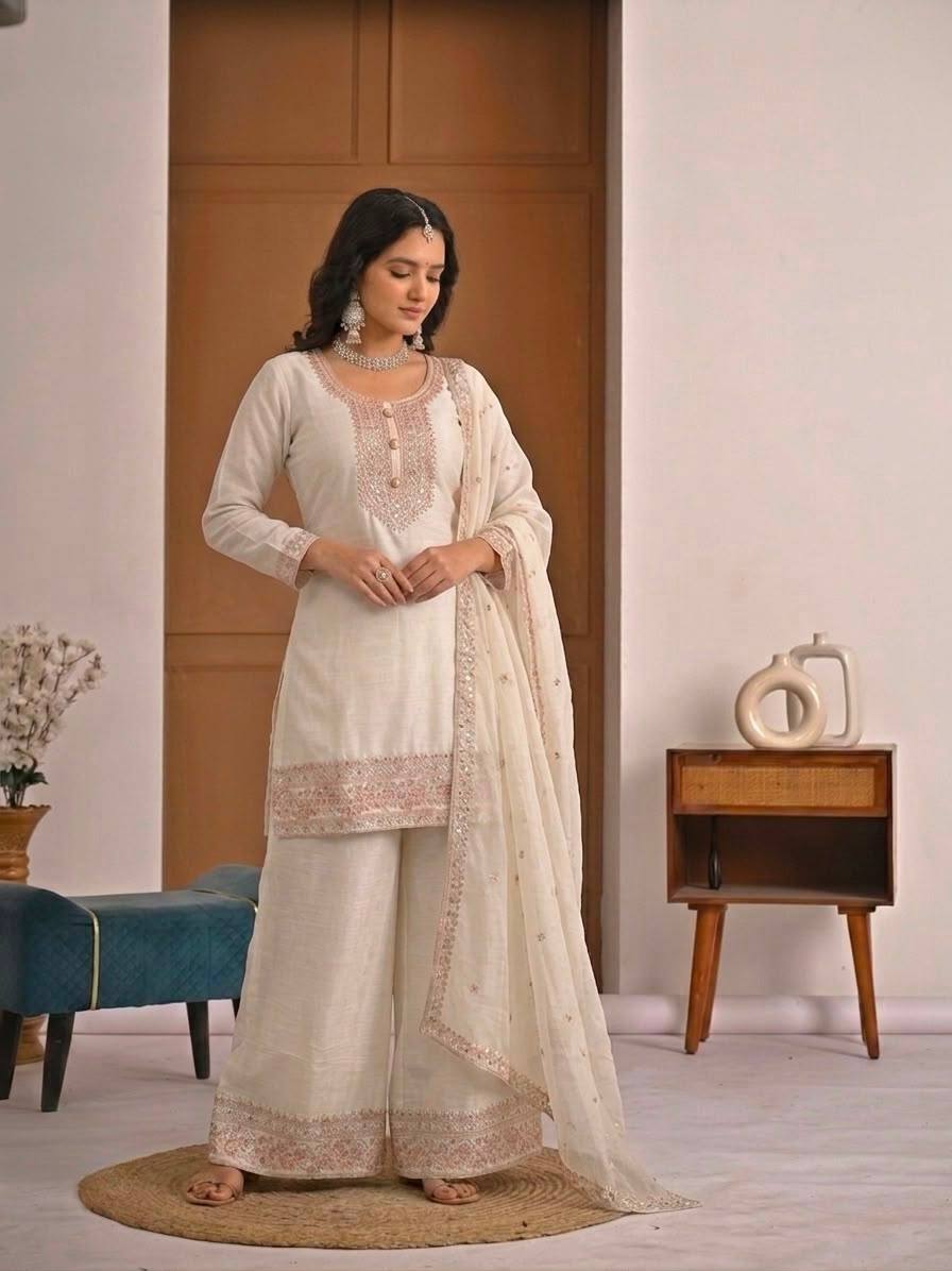 Ivory Crunchy Silk 3-Piece Palazzo Suit with Embroidery Work