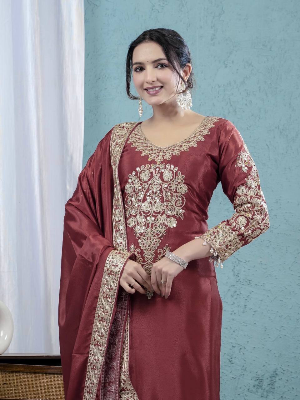 Burgundy Chinnon Silk Embroidery Coding Sequence Work Pant Suit with Dupatta