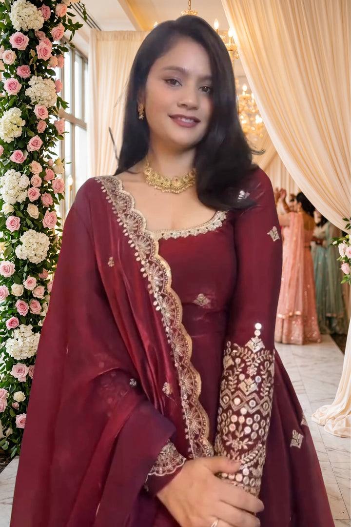 Red Fendy Silk Embroidery Sequence Work 3-Piece Gown Set with Lace Border Dupatta