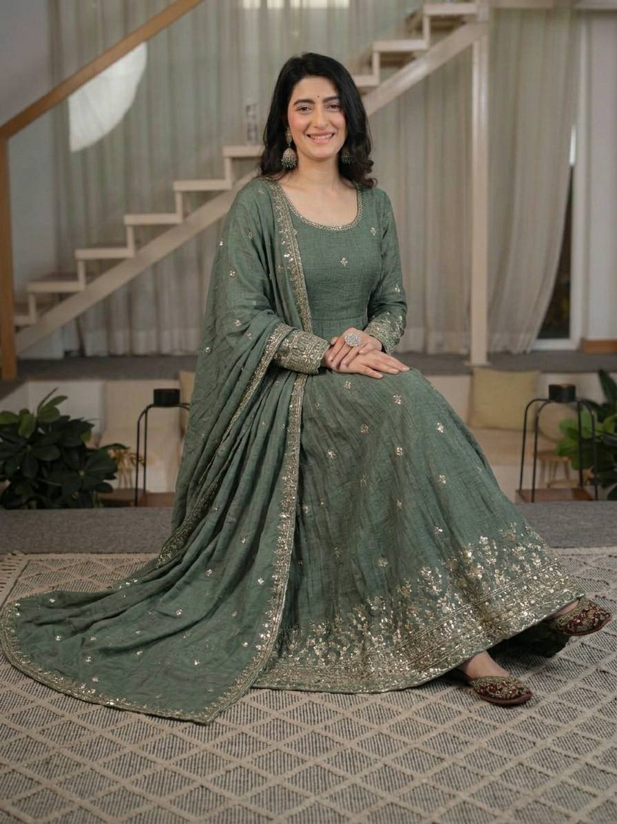 Sage Green Crunchy Silk 5mm Sequence Embroidere Anarkali Suit with Pant & Dupatta