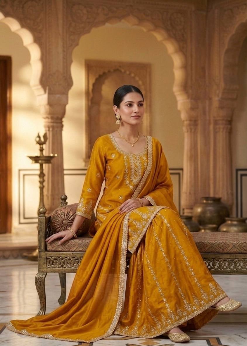 Mustard Yellow Chinnon Silk Embroidere Palazzo Suit with Diamond Work & Fancy Dupatta