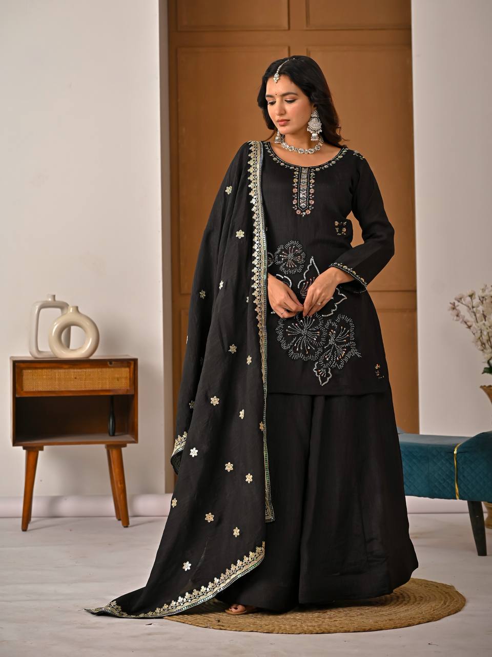 Classic Black Vichitra Silk Bits Handwork & 5mm Sequence Embroiderey Sharara Suit with Dupatta