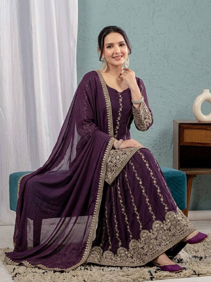 Wine Crunchy Silk 3mm Sequence Embroidery With Sharara