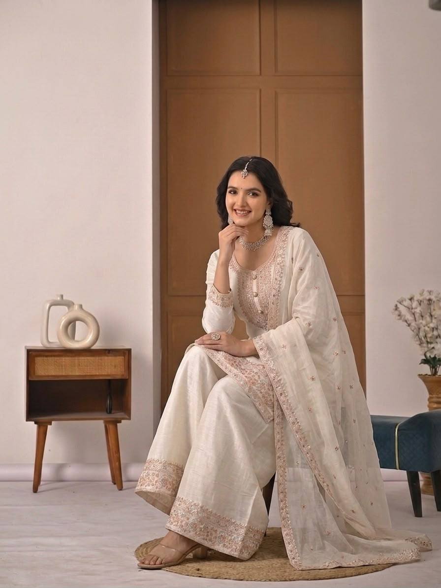 White Crunchy Silk 3-Piece Palazzo Suit with Embroidery Work