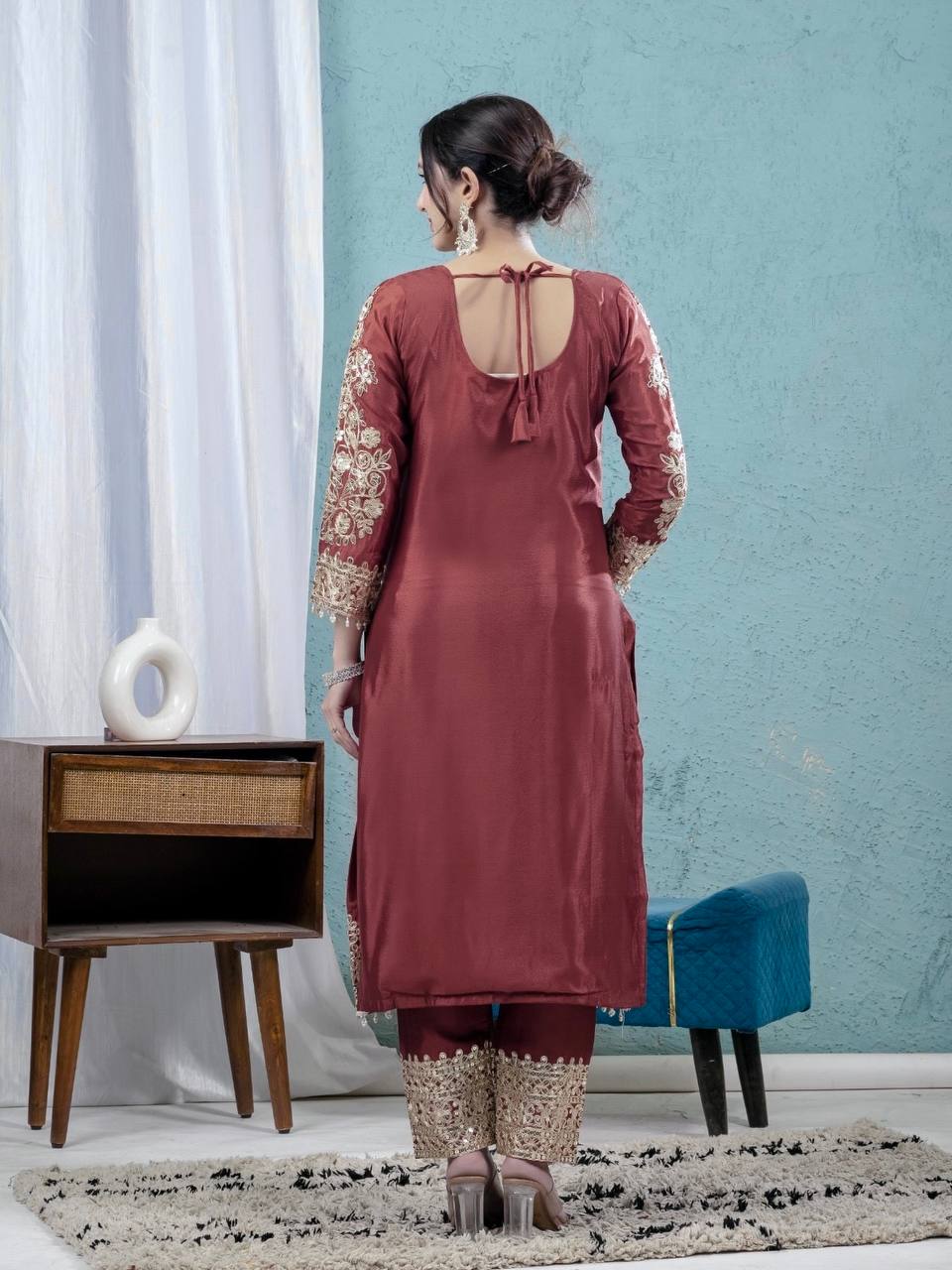 Burgundy Chinnon Silk Embroidery Coding Sequence Work Pant Suit with Dupatta