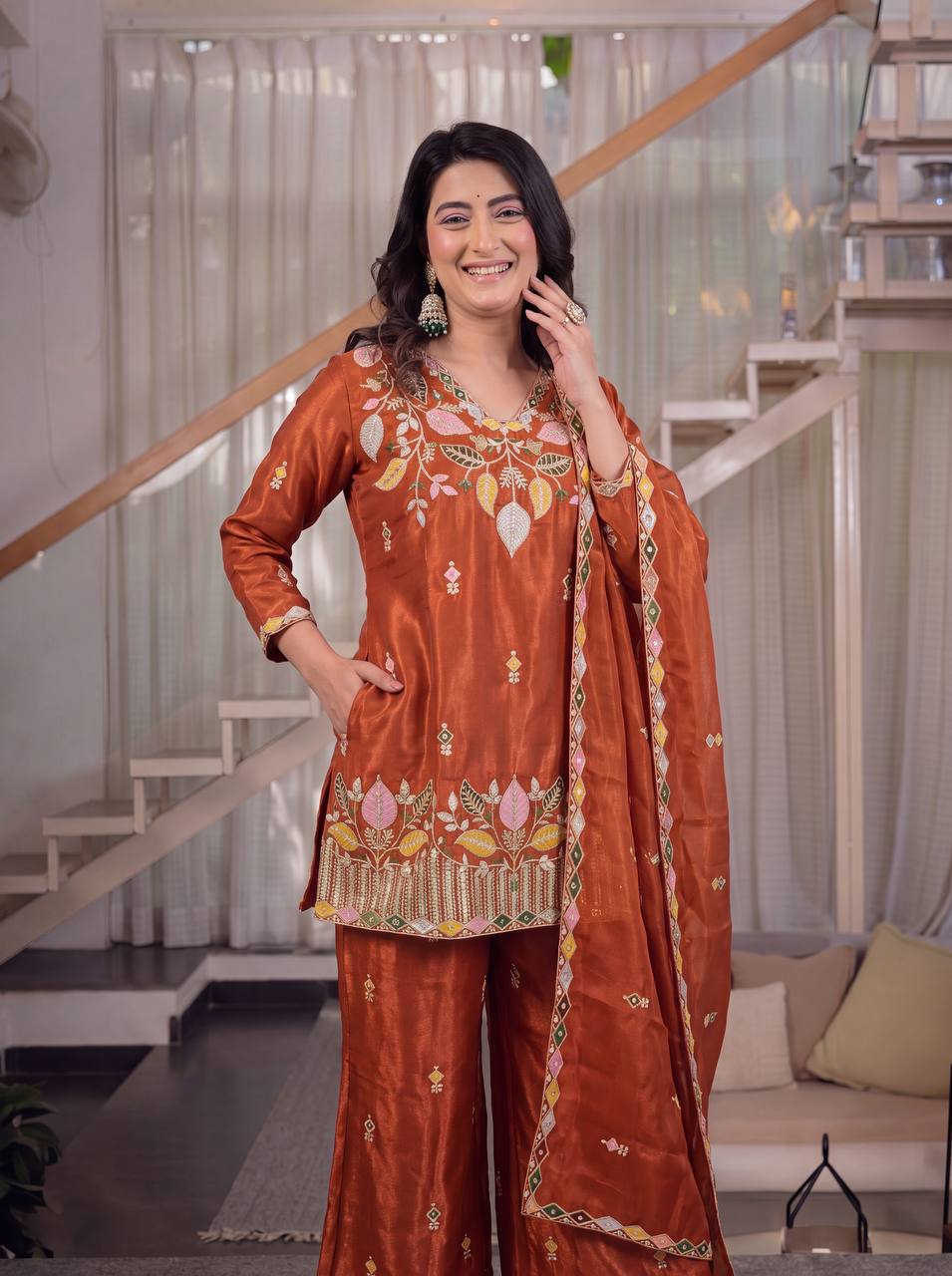 Rust Orange Sindoori Satin Silk 3-Piece Palazzo Pant Set with 5mm Sequence Embroidery