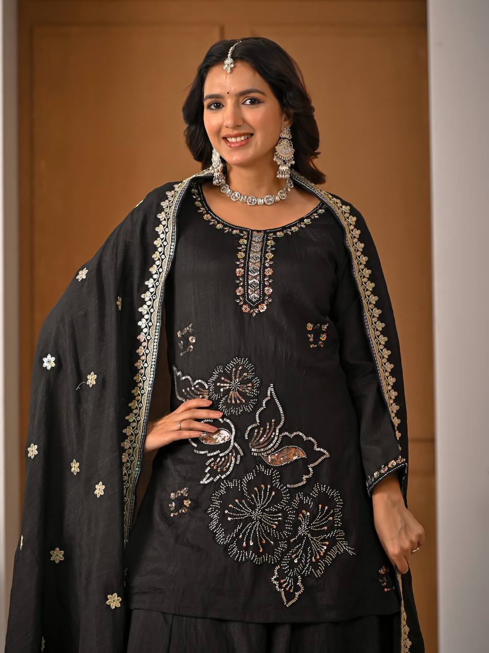 Classic Black Vichitra Silk Bits Handwork & 5mm Sequence Embroiderey Sharara Suit with Dupatta