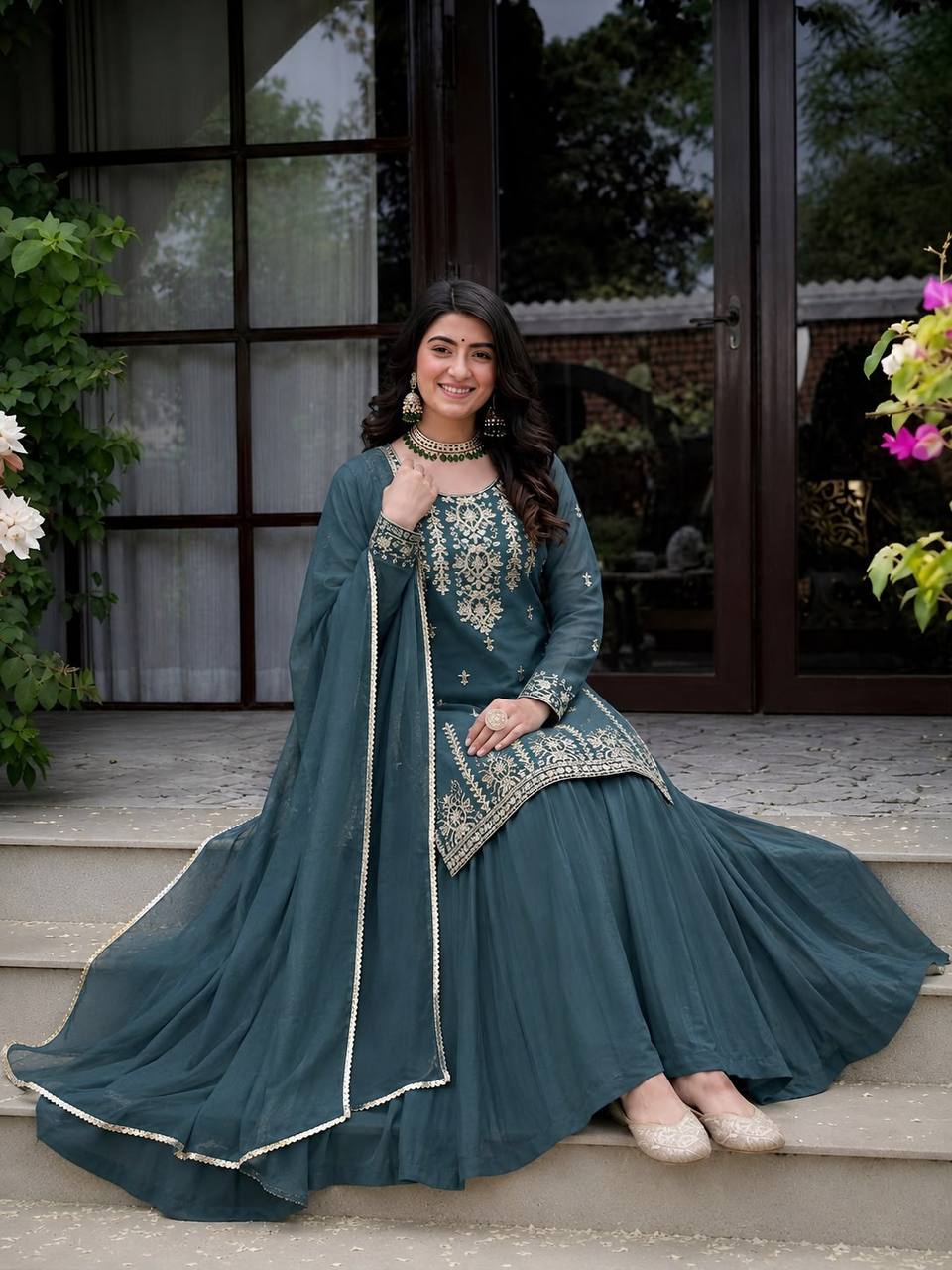Dark Rama Green Roman Cotton 3-Piece Lehenga Set with 5mm Sequence Embroidery
