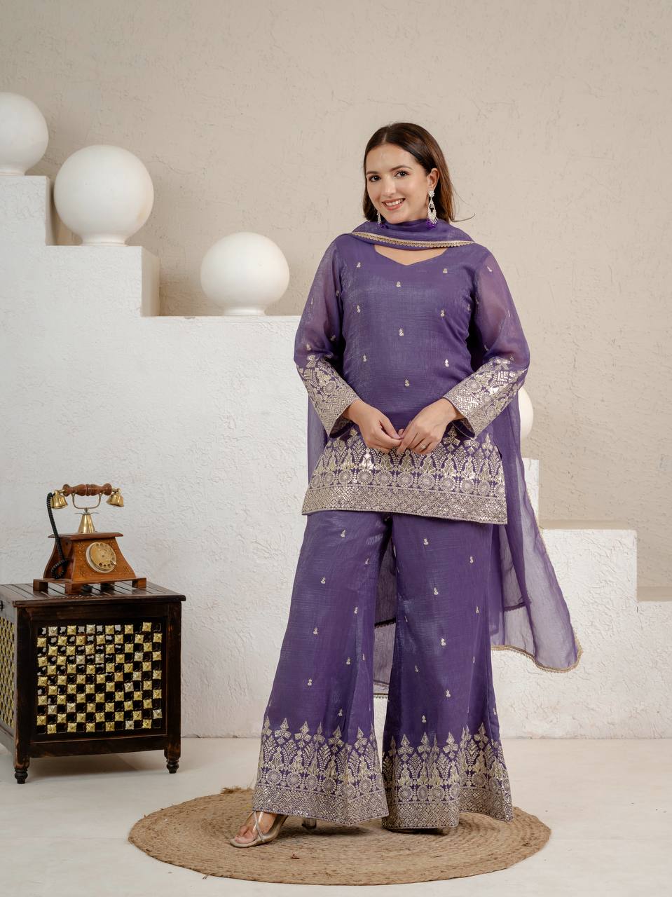 Grape Purple Crunchy Silk 3-Piece Palazzo Suit with 3mm Sequence Embroidery