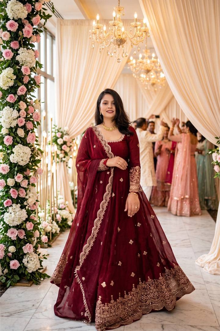 Red Fendy Silk Embroidery Sequence Work 3-Piece Gown Set with Lace Border Dupatta