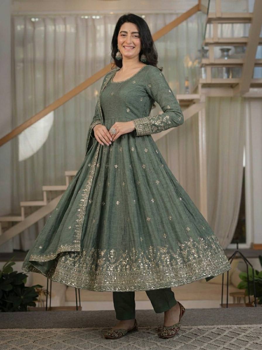 Sage Green Crunchy Silk 5mm Sequence Embroidere Anarkali Suit with Pant & Dupatta