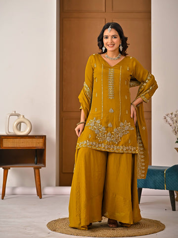 Mustard Yellow Vichitra Bits  Embroidery Work 3-Piece Sharara Set