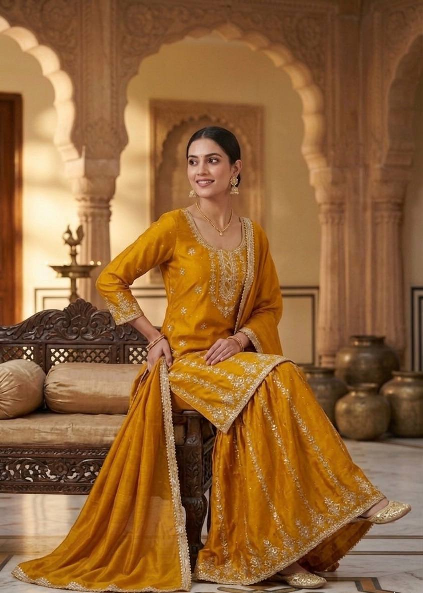 Mustard Yellow Chinnon Silk Embroidere Palazzo Suit with Diamond Work & Fancy Dupatta