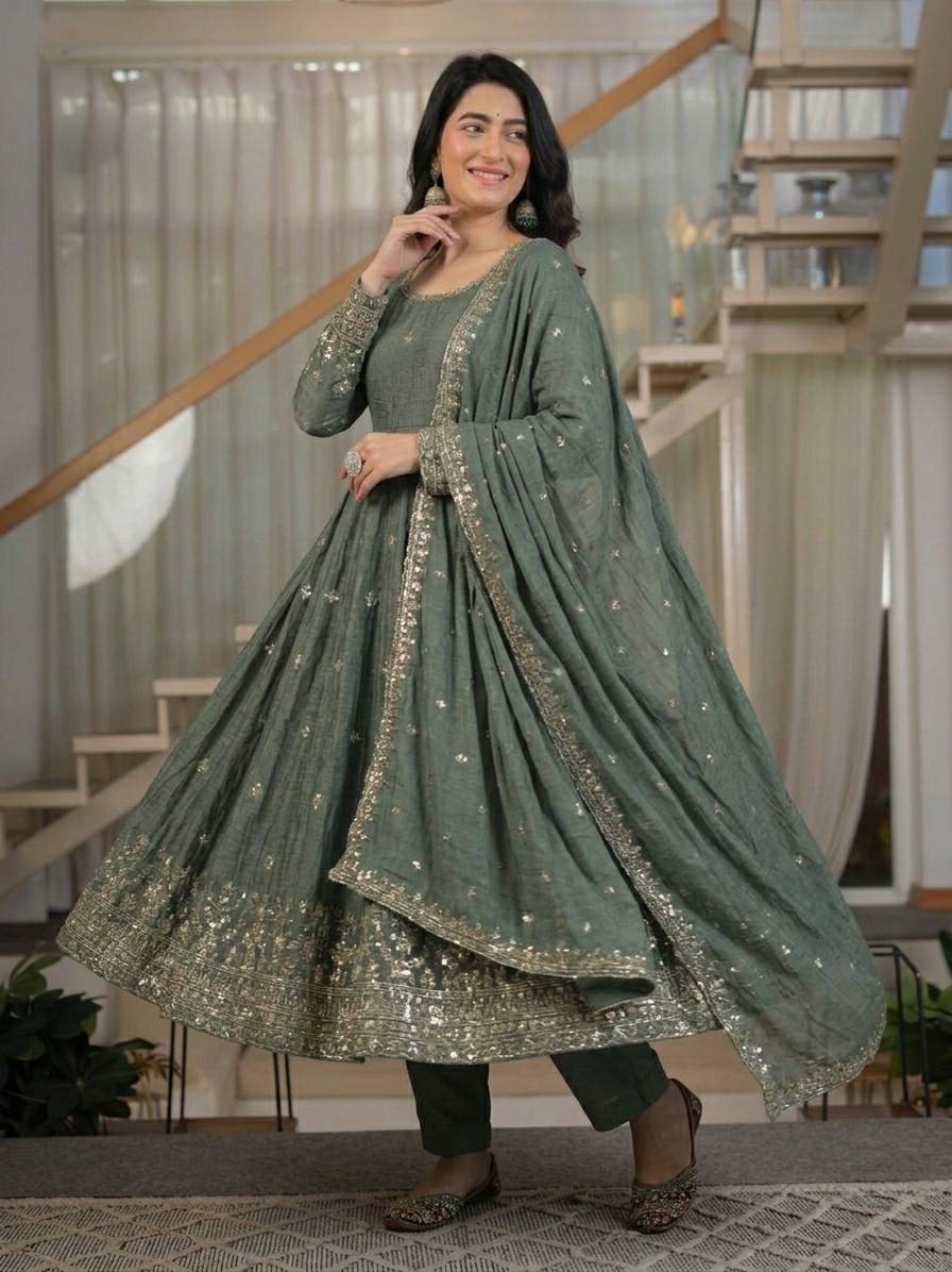 Olive Green Crunchy Silk 5mm Sequence Embroidery with  Anarkali 3-Piece Set