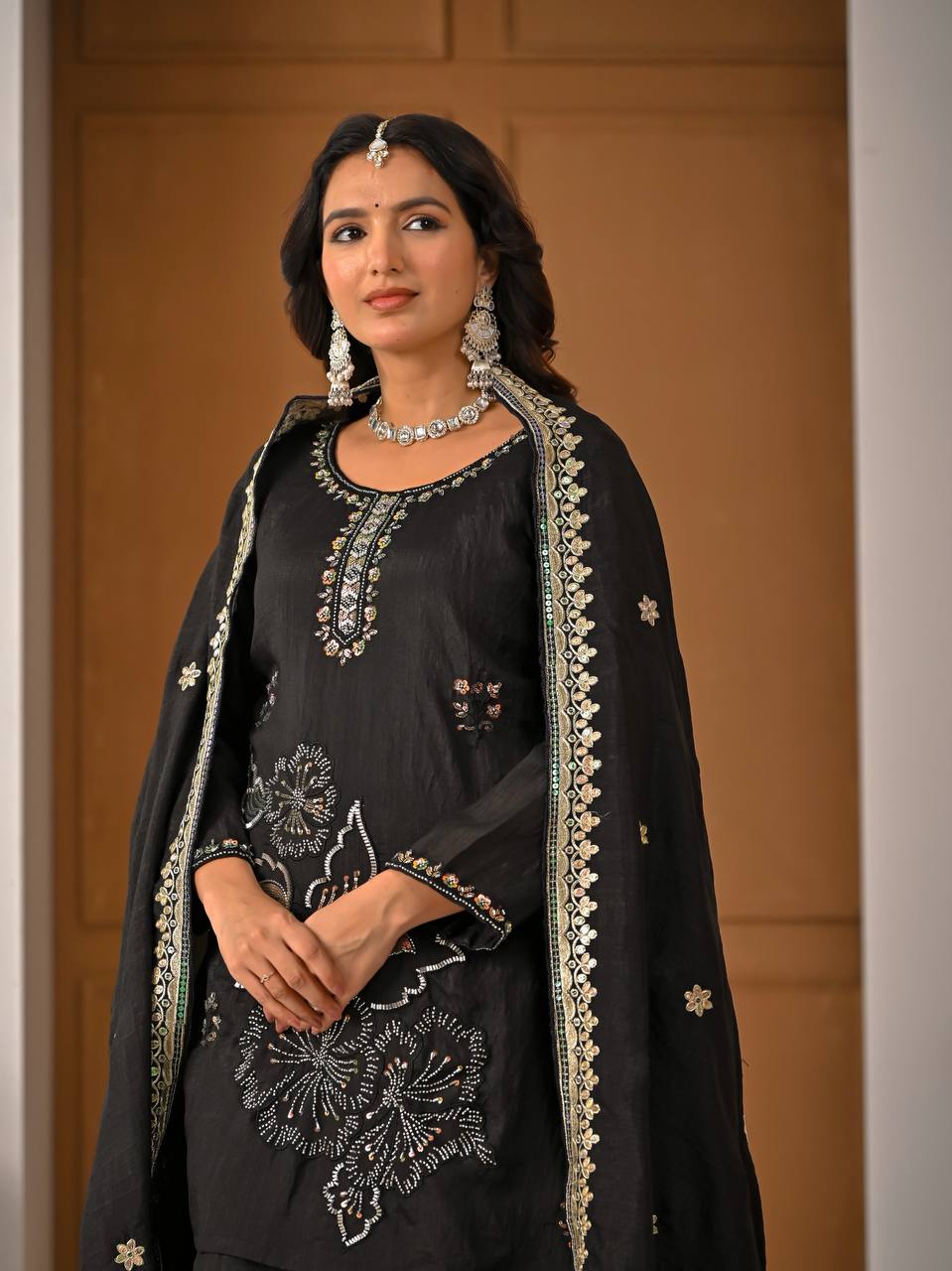Classic Black Vichitra Silk Bits Handwork & 5mm Sequence Embroiderey Sharara Suit with Dupatta