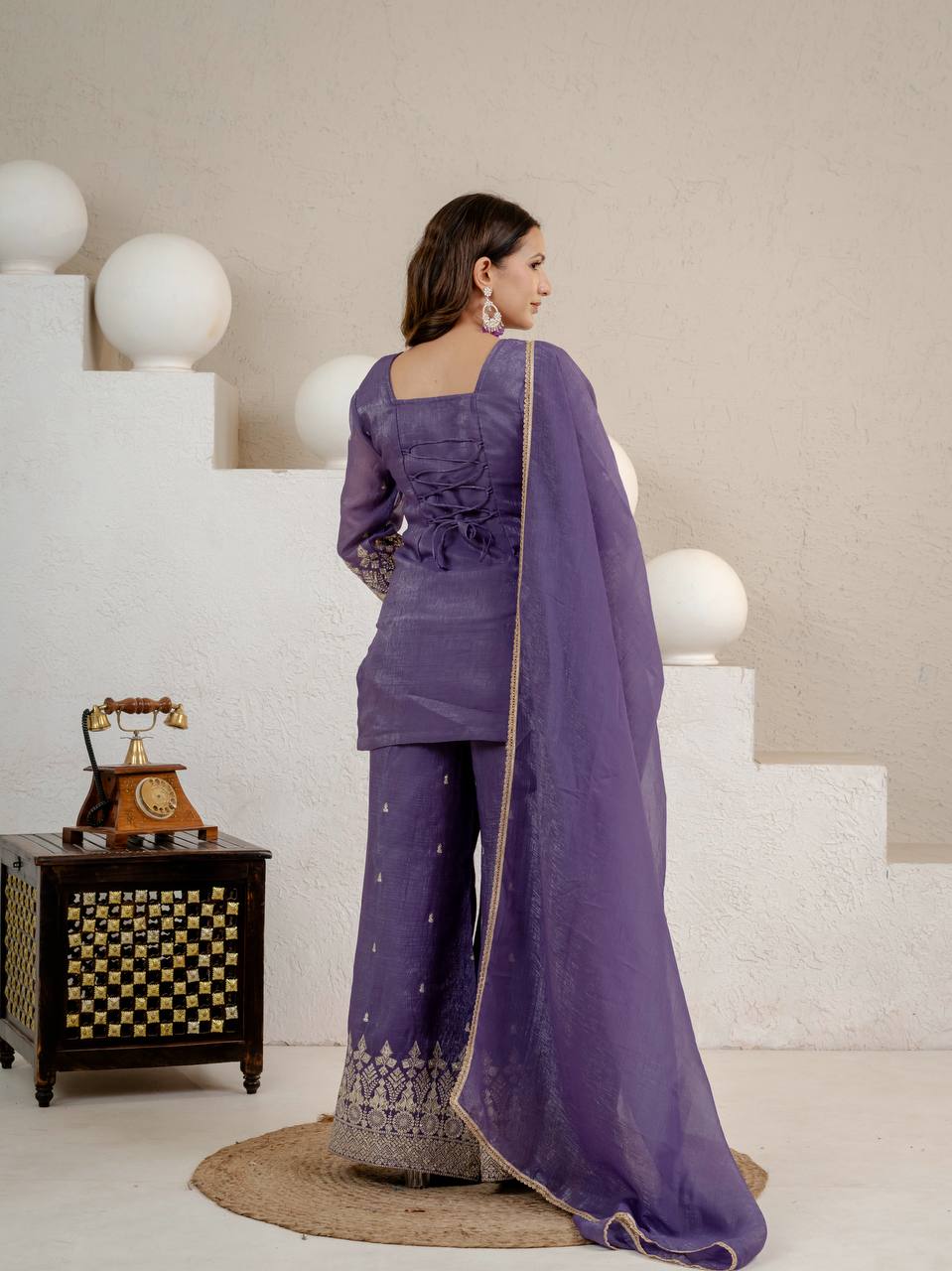 Grape Purple Crunchy Silk 3-Piece Palazzo Suit with 3mm Sequence Embroidery