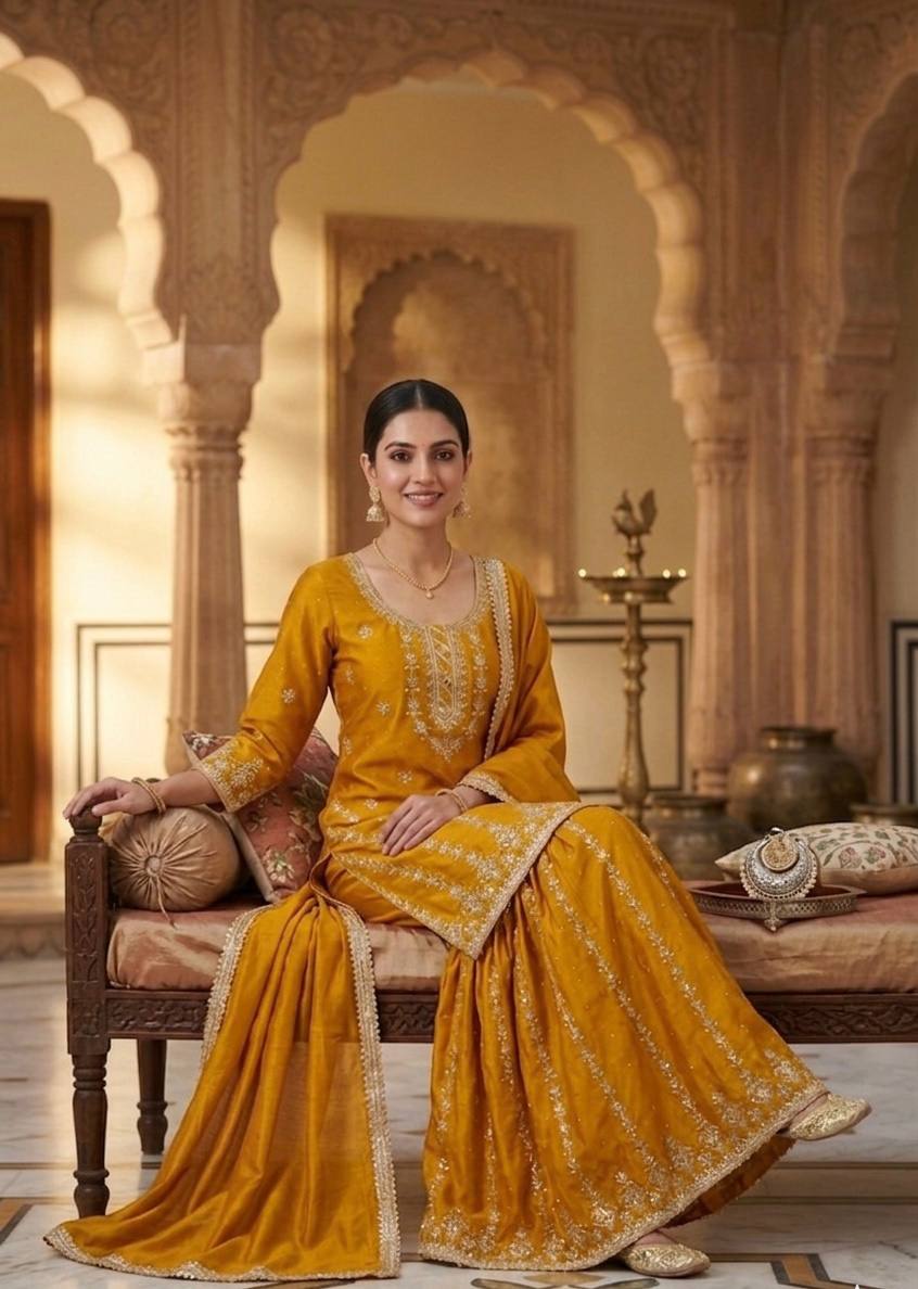 Mustard Yellow Chinnon Silk Embroidere Palazzo Suit with Diamond Work & Fancy Dupatta