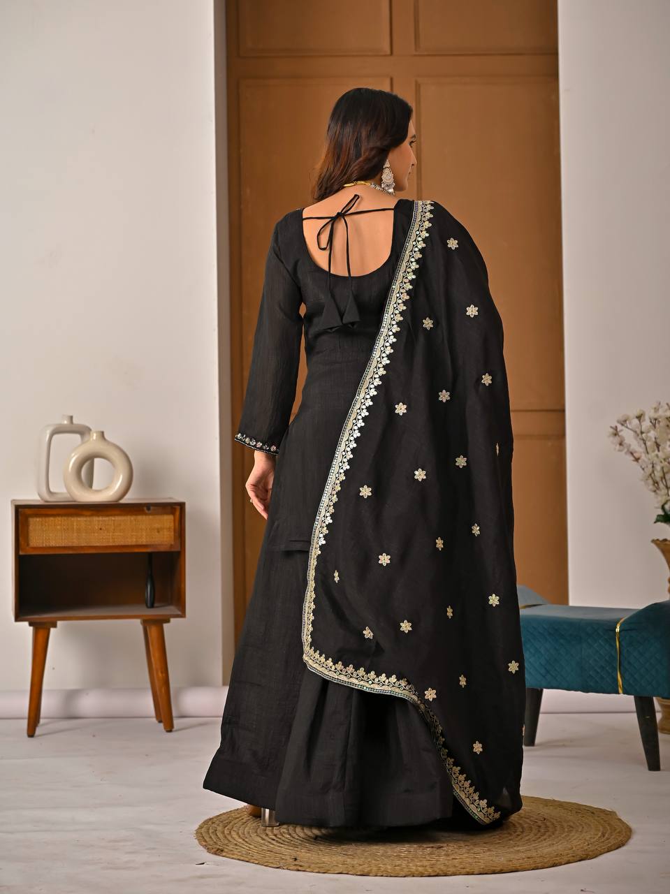 Classic Black Vichitra Silk Bits Handwork & 5mm Sequence Embroiderey Sharara Suit with Dupatta