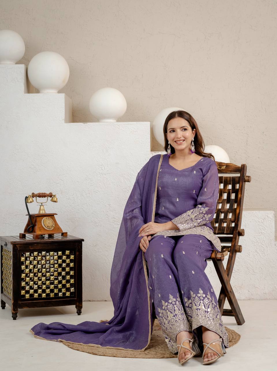 Grape Purple Crunchy Silk 3-Piece Palazzo Suit with 3mm Sequence Embroidery