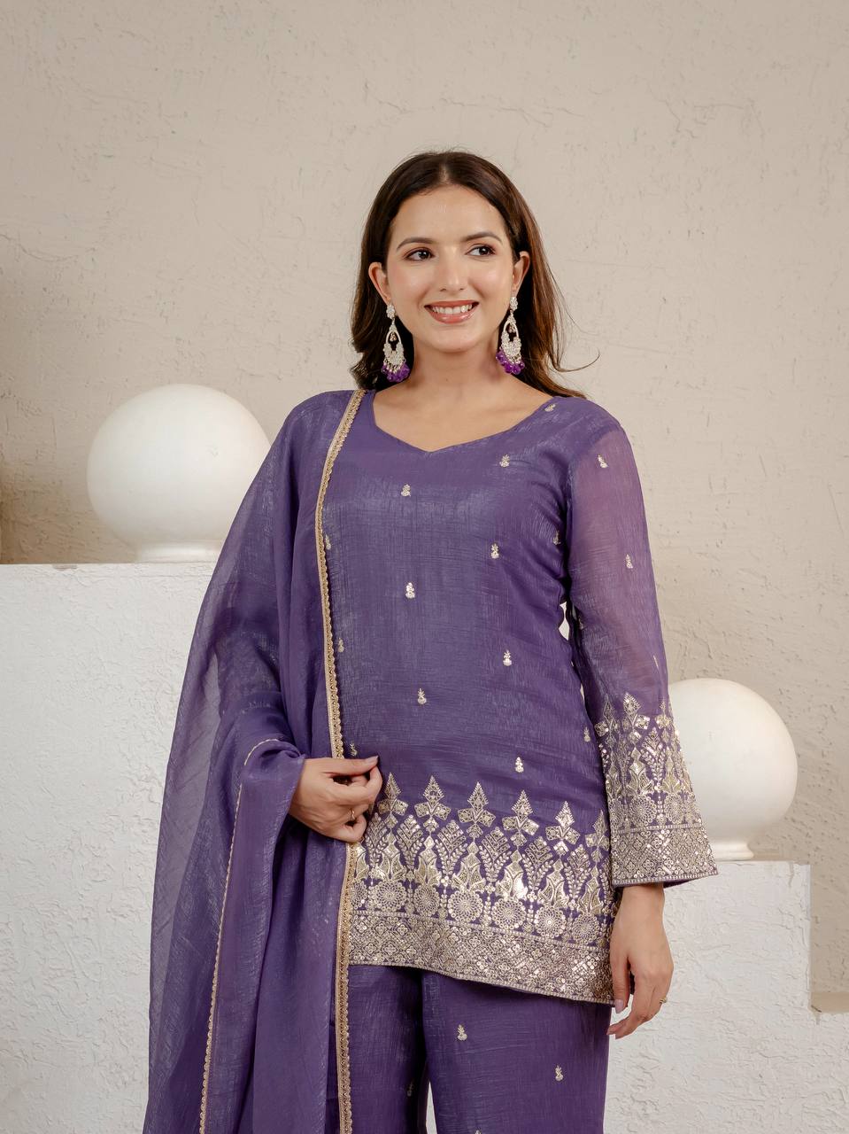 Grape Purple Crunchy Silk 3-Piece Palazzo Suit with 3mm Sequence Embroidery