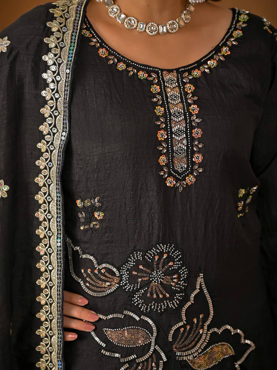 Classic Black Vichitra Silk Bits Handwork & 5mm Sequence Embroiderey Sharara Suit with Dupatta