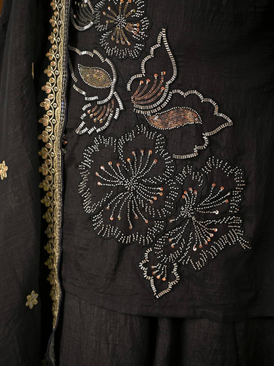 Classic Black Vichitra Silk Bits Handwork & 5mm Sequence Embroiderey Sharara Suit with Dupatta