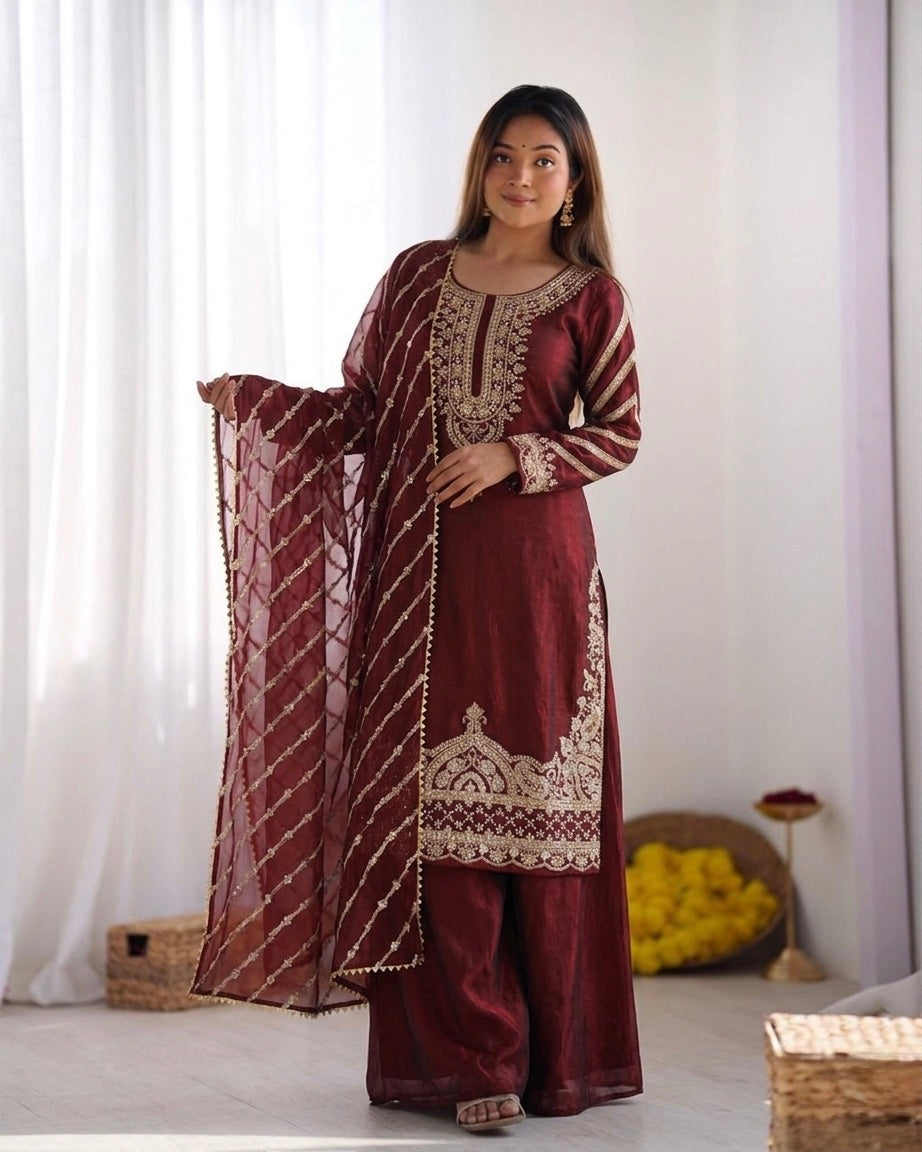 Marron Fendy Silk Fancy Embroidery Beads Work 3-Piece Sharara Palazzo Set