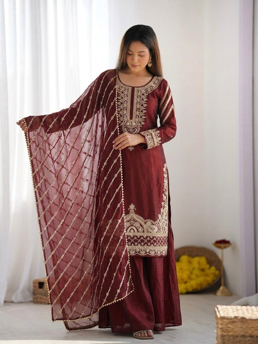 Marron Fendy Silk Fancy Embroidery Beads Work 3-Piece Sharara Palazzo Set