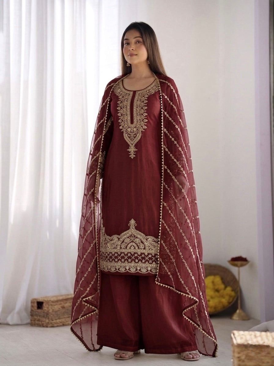 Marron Fendy Silk Fancy Embroidery Beads Work 3-Piece Sharara Palazzo Set