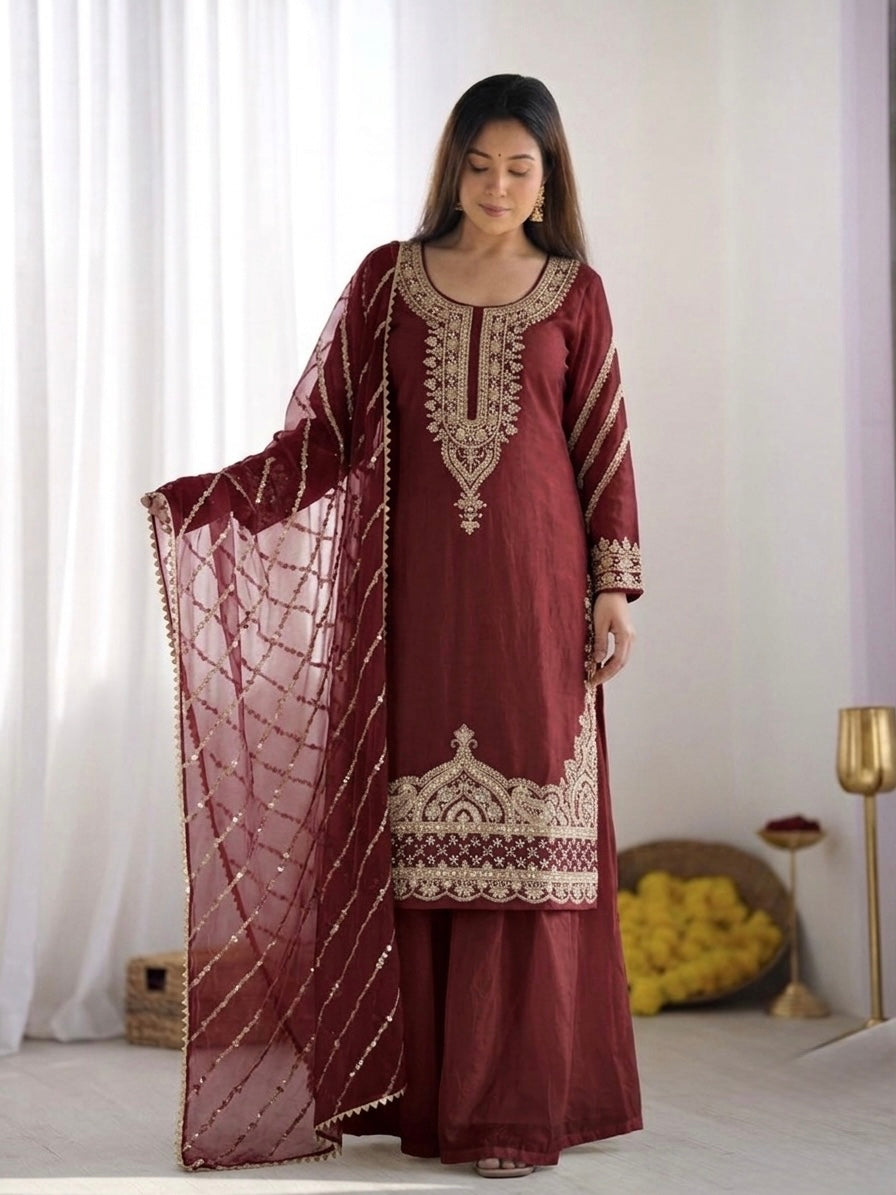 Marron Fendy Silk Fancy Embroidery Beads Work 3-Piece Sharara Palazzo Set