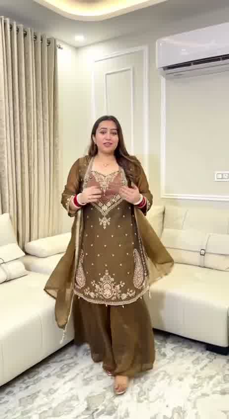 Coffe NC Moss Heavy Embroidery Sequence Work 3-Piece Palazzo Set with Dupatta