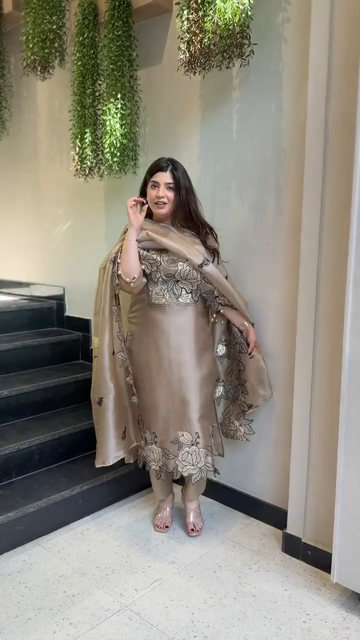 Iconic Brown Jimmy Choo Suit Set with Embroidery Cut Work and Dupatta