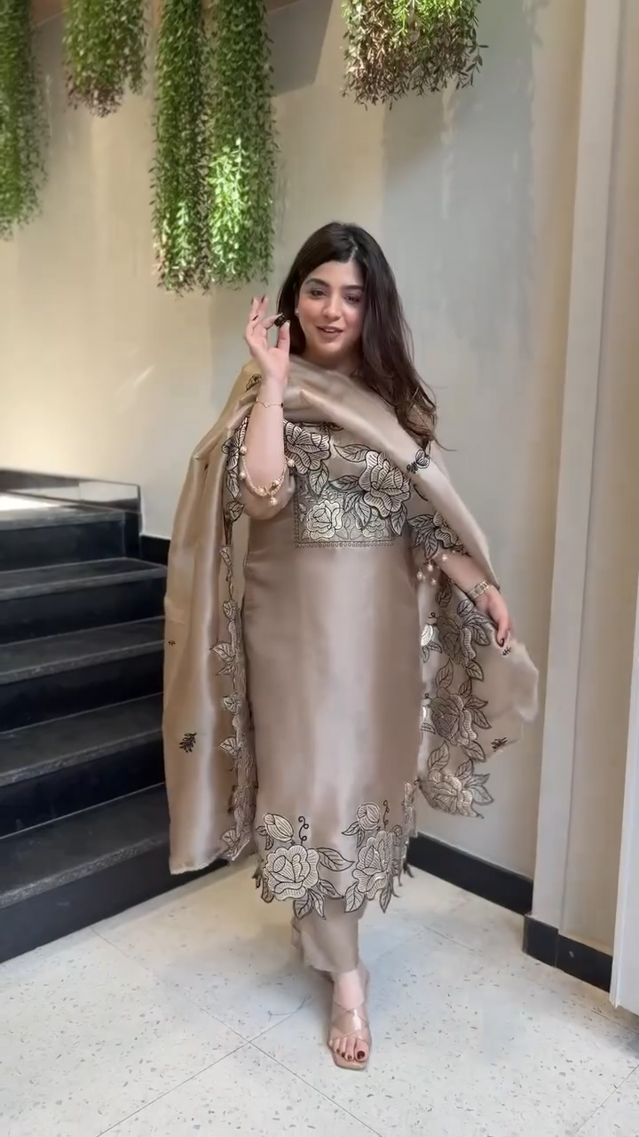 Iconic Brown Jimmy Choo Suit Set with Embroidery Cut Work and Dupatta