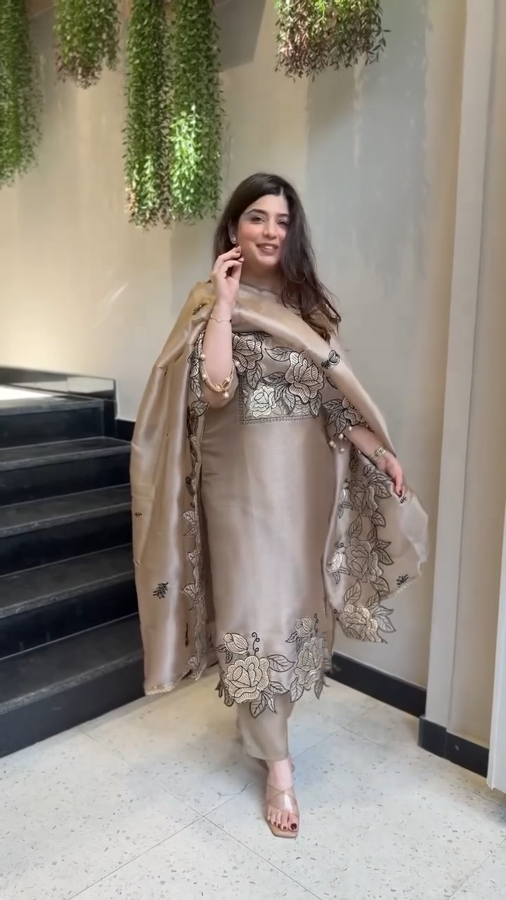 Iconic Brown Jimmy Choo Suit Set with Embroidery Cut Work and Dupatta