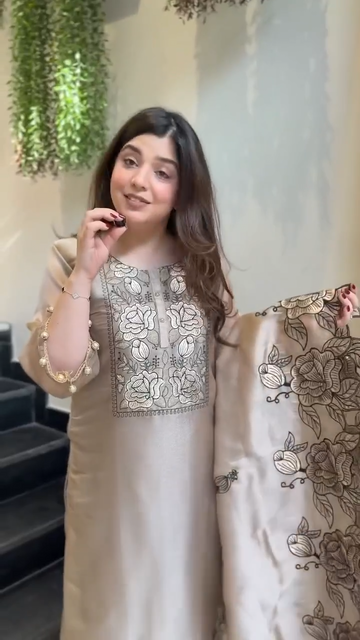 Taupe Beige JMC Silk 3-Piece Suit with Intricate Thread Work & Fancy Lace