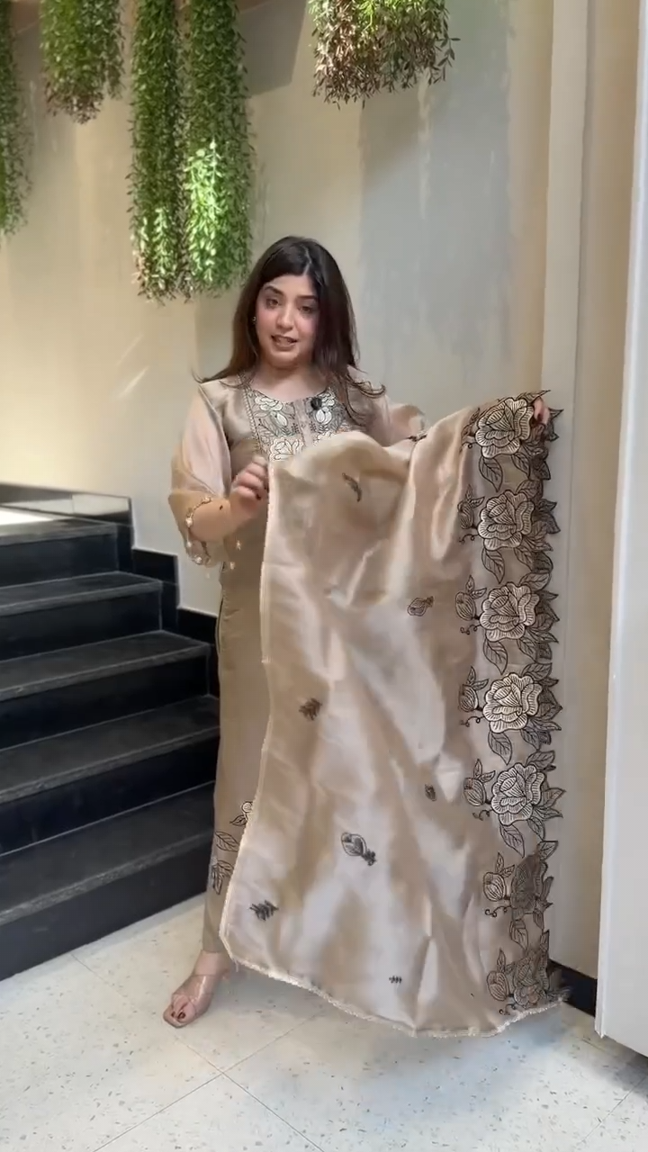 Iconic Brown Jimmy Choo Suit Set with Embroidery Cut Work and Dupatta