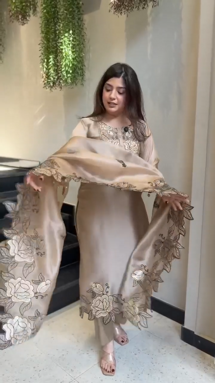 Taupe Beige JMC Silk 3-Piece Suit with Intricate Thread Work & Fancy Lace