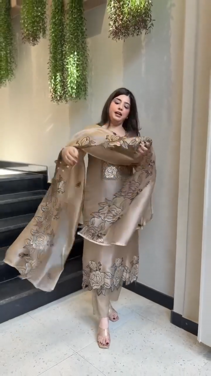 Taupe Beige JMC Silk 3-Piece Suit with Intricate Thread Work & Fancy Lace