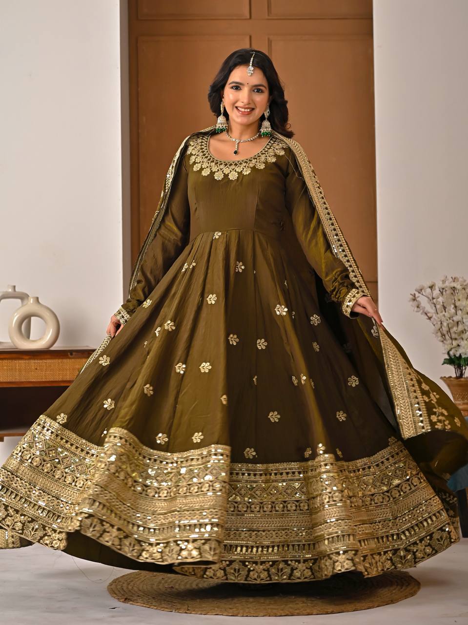 Mehndi Green Vichitra Silk 3-Piece Anarkali Set with 5mm Sequence & Embroidery Work