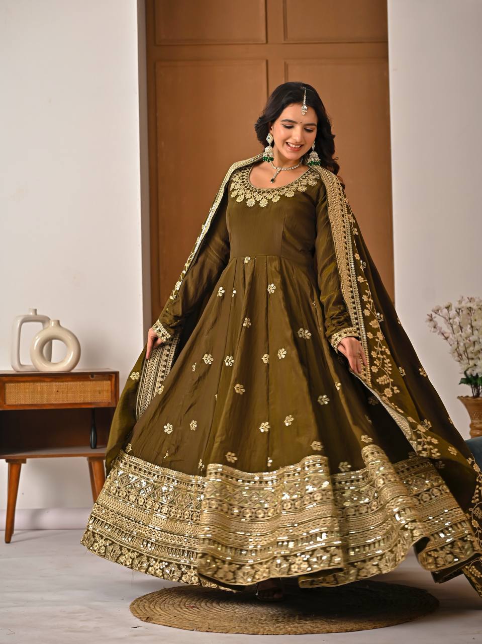Mehndi Green Vichitra Silk 3-Piece Anarkali Set with 5mm Sequence & Embroidery Work