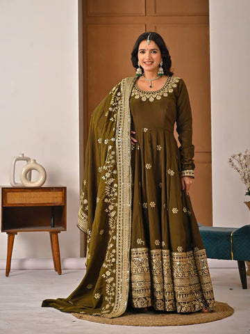 Mehndi Green Vichitra Silk 3-Piece Anarkali Set with 5mm Sequence & Embroidery Work