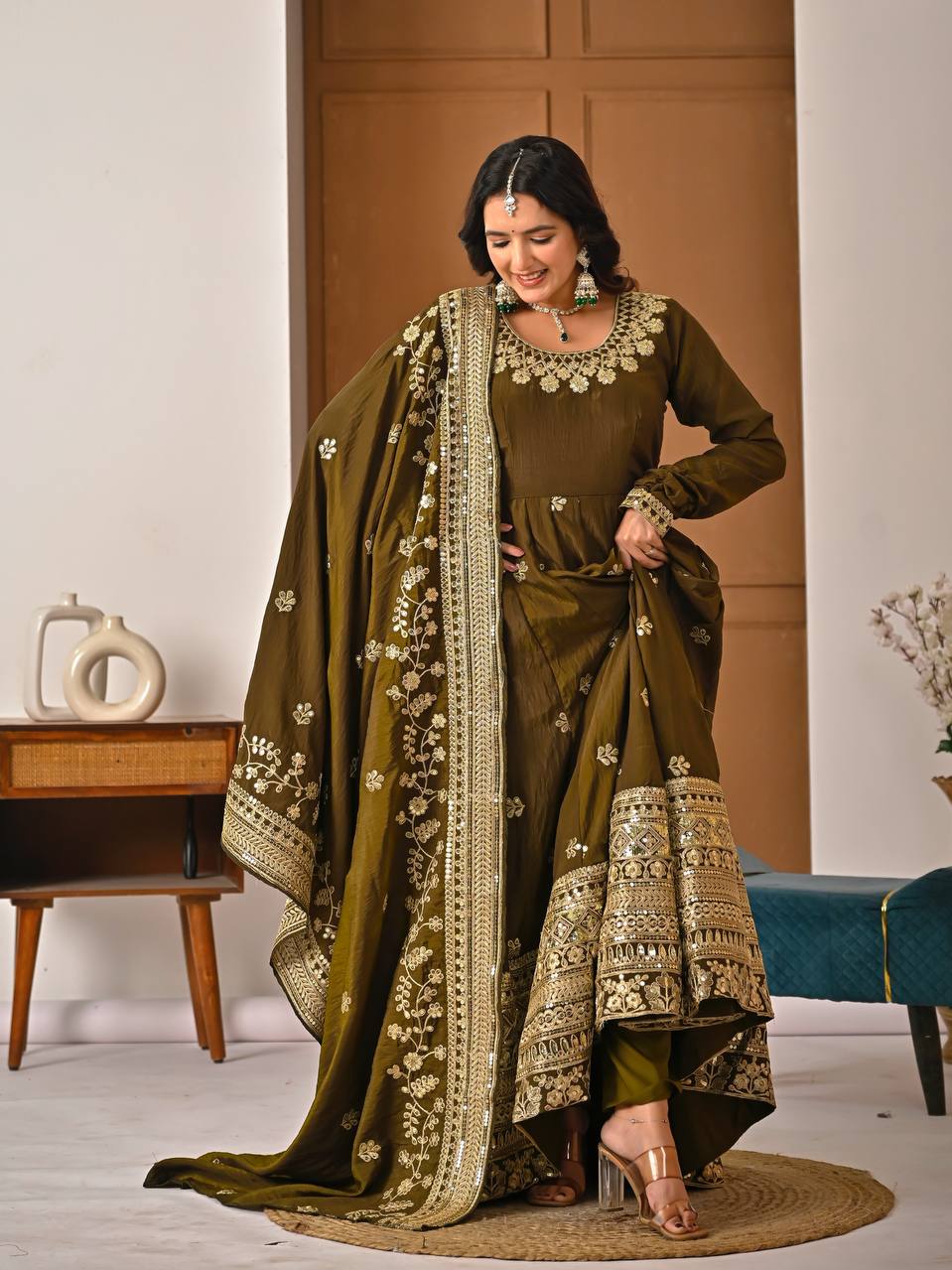 Mehndi Green Vichitra Silk 3-Piece Anarkali Set with 5mm Sequence & Embroidery Work